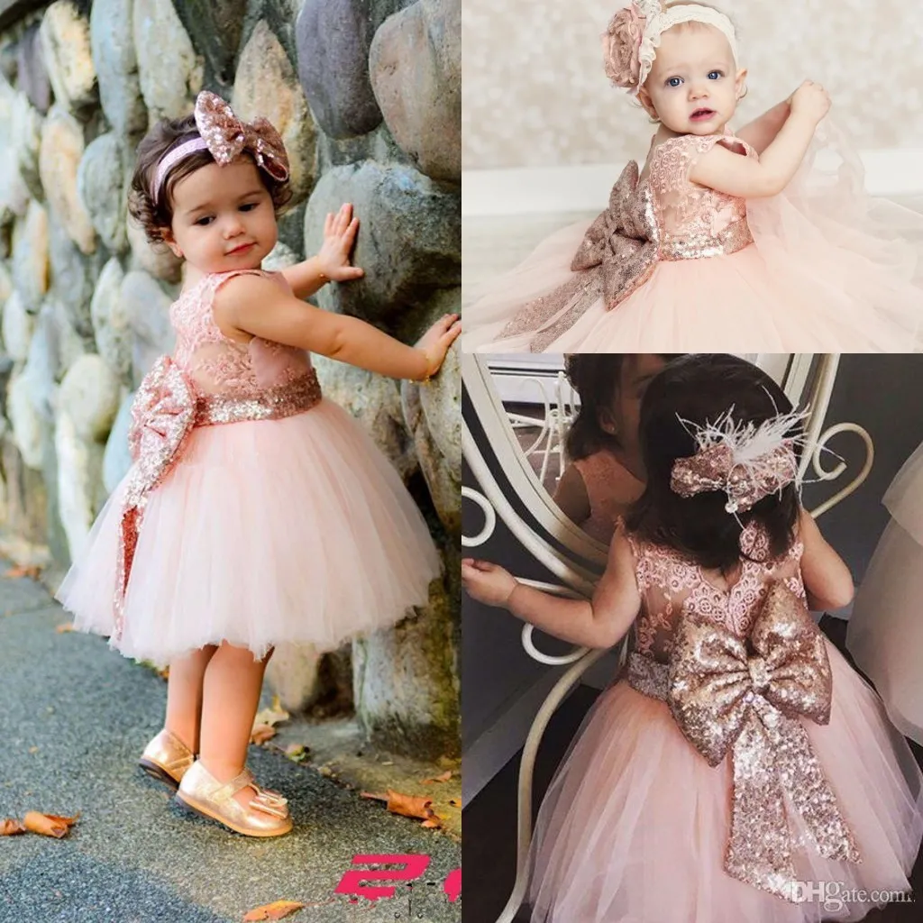 Baby Infant Toddler Birthday Party Dresses Blush Pink Rose Gold Sequins Bow Lace Crew Neck Tea Length Tutu Wedding Flower Girl Dresses 2019
