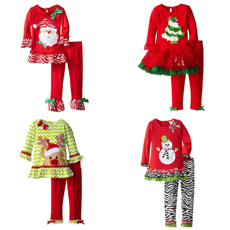 Christmas Clothes Baby Sanda Reindeer Tree Pattern Long Sleeve T-shirt Dress And Pants Two Piece Baby Girls Xmas Outfits Set Girls Clothing