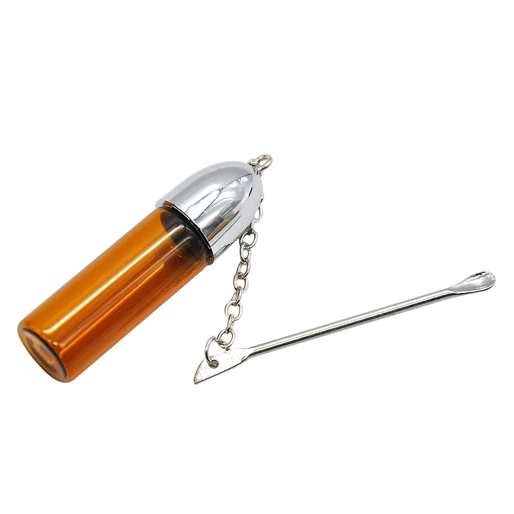 Middelgrote grootte 57mm Glas Snuff Dispenser Bullet Raket Snirt Pil Box Vial W / Metal Spoon Metal Scrapper Bruin Wit