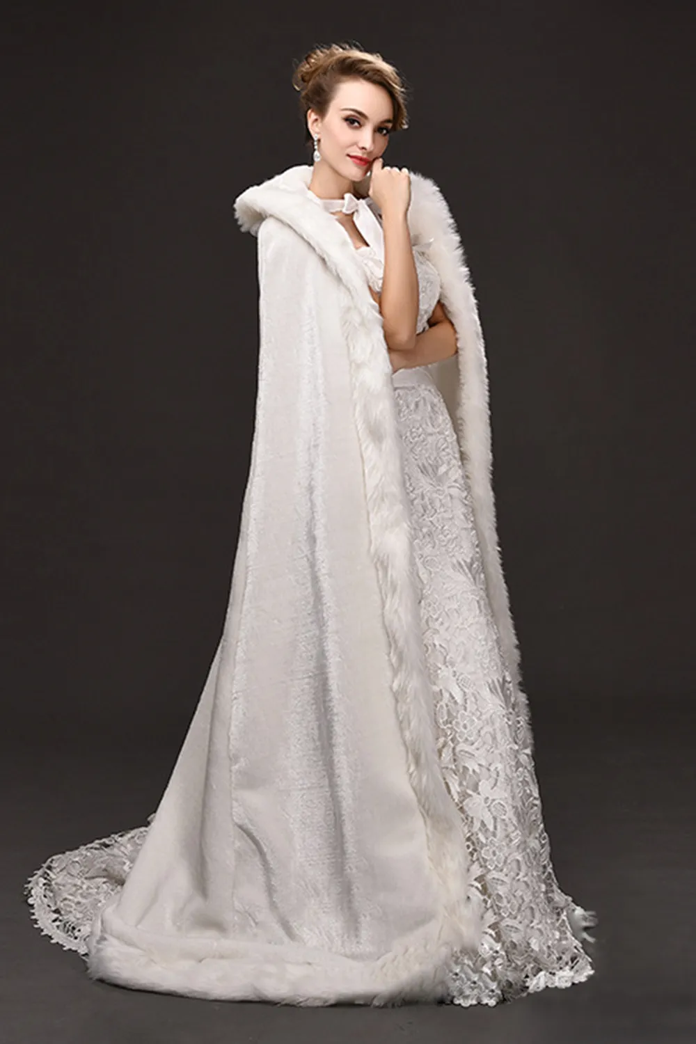 Winter War Faux Fur Bridal Cloak Warm Wraps Hooded Trim Floor Length Perfect Abaya Jacket for Wedding Cape Wraps Jacket CPA9154003559