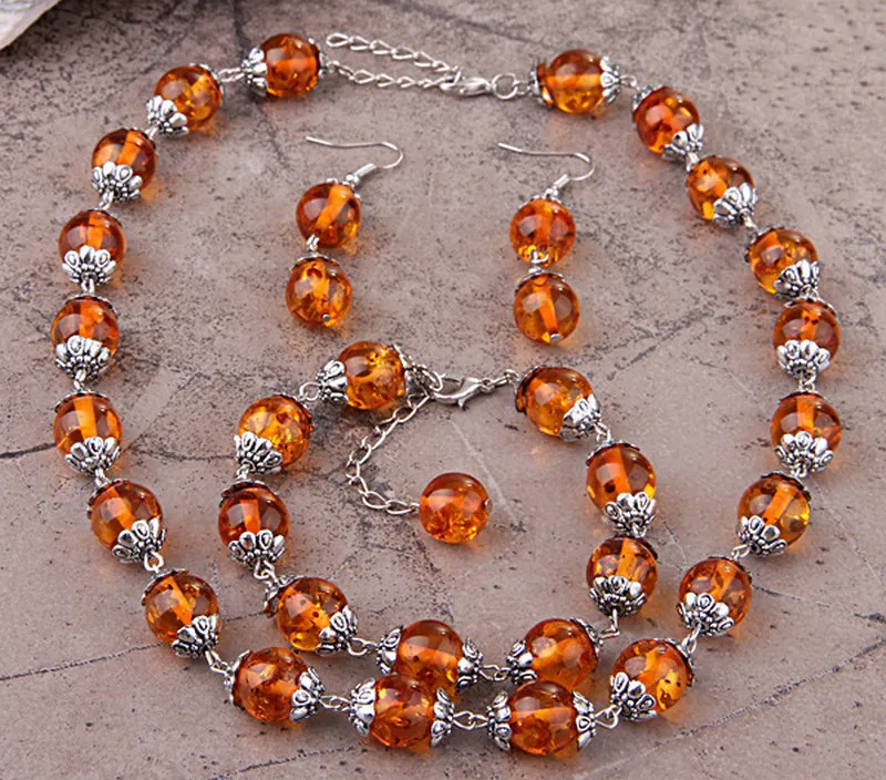 Fashion Tibet Silver Round Amber Pärlor Halsband Armband Örhängen Set med 0,47 