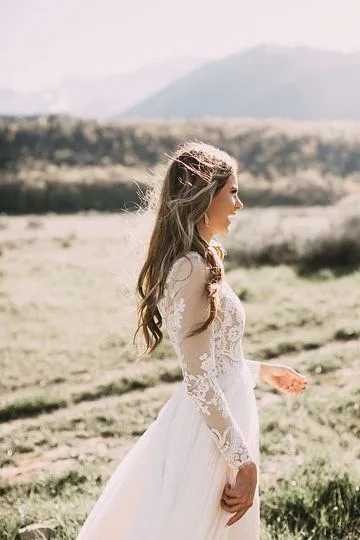 Diseñador Bohemio País Vestidos de novia con mangas Top Ver a través de encaje Apliques Berta Vestidos de novia Barato Gasa simple Joya Cremallera