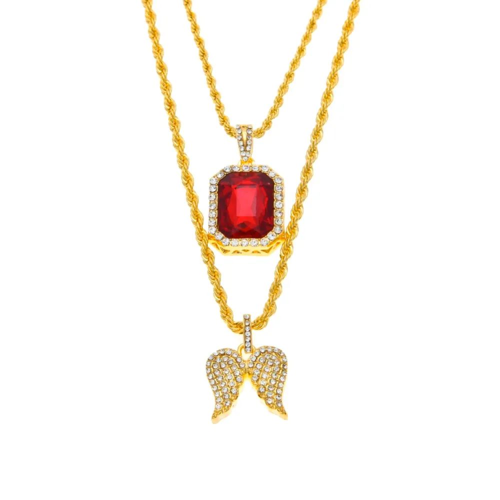 Collana con rubini ghiacciati Set Marca Micro Ruby Angel Jesus Wing Ciondolo Collana Hip Hop Gioielli maschili Whole338f