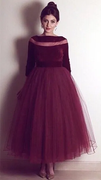 Burgundy Velvet Evening Gown 2019 A-Line Prom Dresses with Long Sleeve Boat Neck Long Formal Pageant Gowns vestidos de noiva Ankle Length