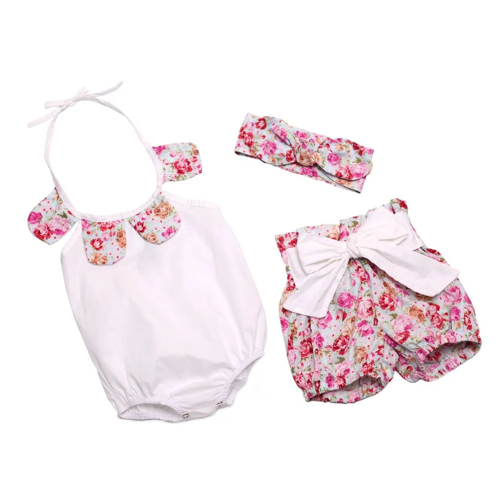 Baby Girl Romper Floral Petal Cotton Romper + Shorts Bowknot + Bunny Ear Headband Infant Set niños trajes de verano Mono para bebés C478