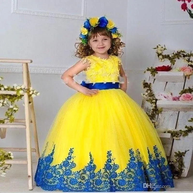 Yellow Vintage Girls Pageant Dresses Spódnica Aplikacja Suknia Balowa Dziewczyny Korant Suknie Bez Rękawów Custom Make tanie Kwiat Girl Sukienki