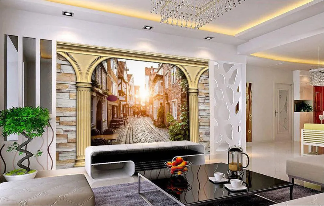 Hoge kwaliteit aanpassen maat Moderne 3D Roman Column Road bij schemer TV achtergrond Muur