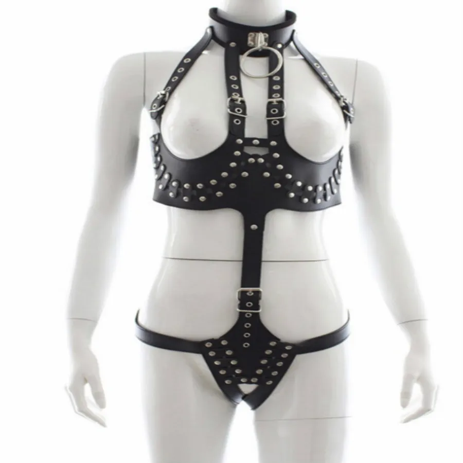 Unghie Intimo sexy in pelle nera Donna Lingerie sessuale Fetish con apertura sul cavallo Seno esposto Vestito Bondage Giochi per adulti Giocattoli sessuali