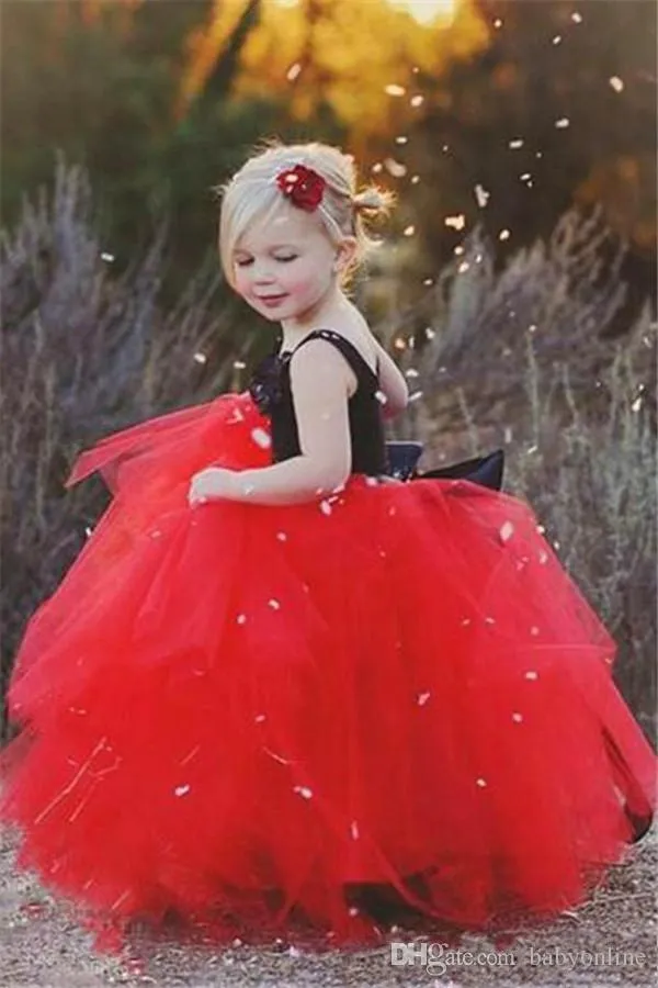 Newest Black And Red Puffy Flower Girls Dresses Floor-length Tulle Princess Ball Gown Little Kids Formal Party Wear Gowns Birthday Arabic