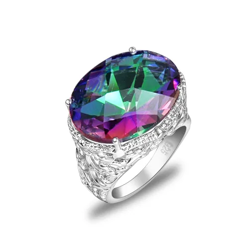 Luckyshine Wesela Biżuteria Błyszczy Rainbow Oval Ogień Mystic Topaz Gemstone Silver Unisex Lovers Biżuteria US Rozmiar 7-9