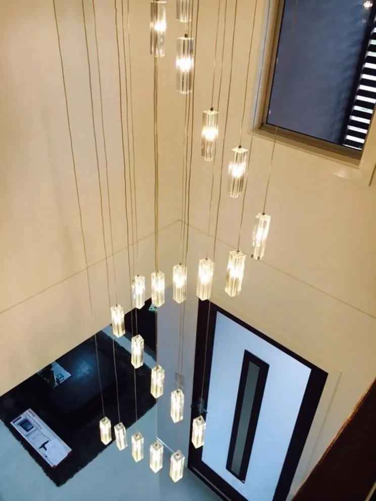 エル階段のシャンデリアモダン照明器具四角いシャンデリア雨ドロップ照明スパイラル階段クリスタルシャンデリアステイン314D