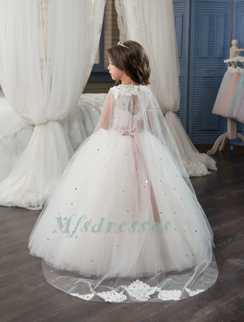 2017 New Flower Girl Dresses With Cape White Ivory Ball Gown Scoop