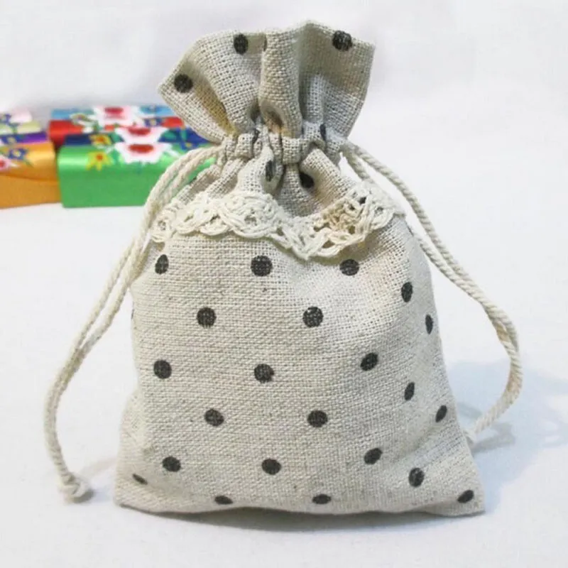 Mini Natural Lace Decoration Linen Drawstring Flower Print Wedding Favor Bag Pouch Party Gift Bags Jewelry Case ZA1398