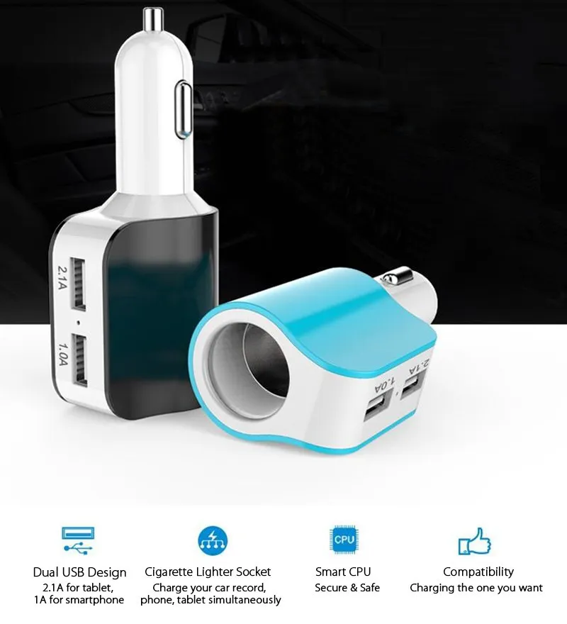 3 In 1 Dual USB Car Charger With Cigarette Lighter Socket For iphone Samsung Tablet PC With Retail Box