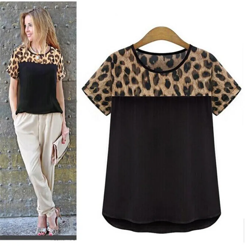 Atacado-Hot Marketing New Women Leopard Printing Chiffon Short Casual T-Shirt Tops Drop Shipping H22 Drop Shipping