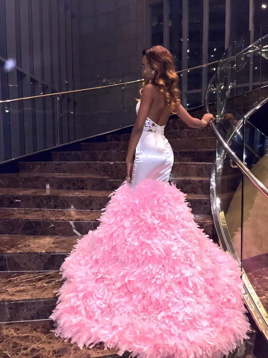 Pink Feather Halter Mermaid Prom Dresses 2k18 Sexy Backless See Through Evening Gowns Tulle Ruched Sweep Train South African Party Dress