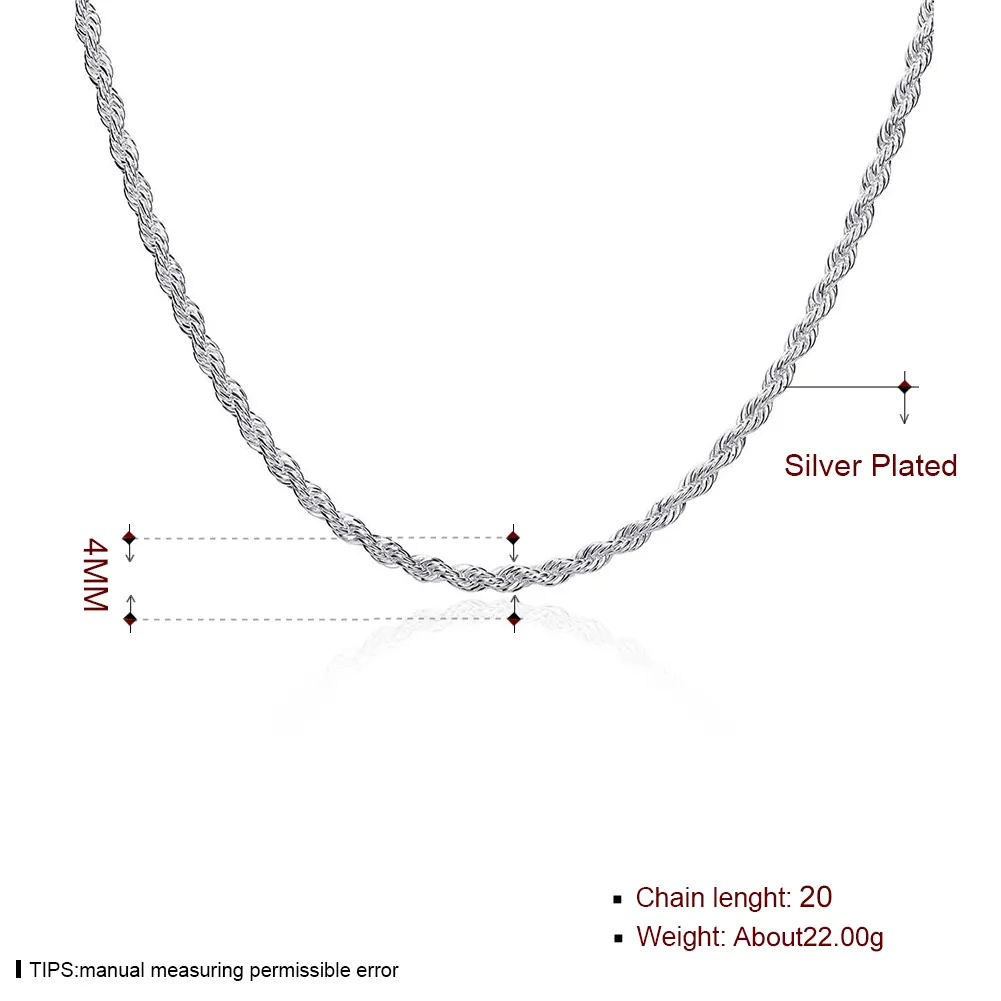 Män Neckces Twist Chain Hot 925 Sterling Silver Halsband Smycken 4mm Halsband 16 18 20 22 24inches