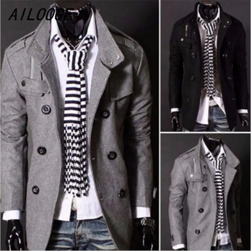 All'ingrosso- AILOOGE 2016 New Fashion Uomo Cappotto di lana Giacca invernale Trench Capispalla Soprabito Cappotto doppio petto Giacca a vento maschile