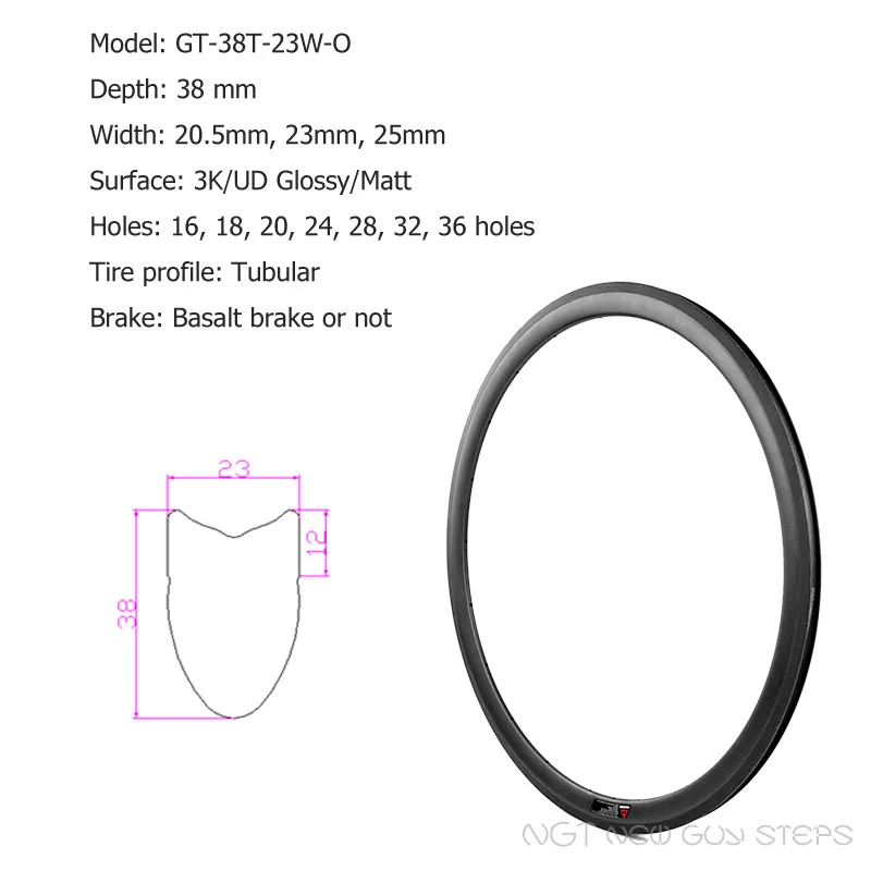 700C Road Bike Carbon Fiber Wheels Rims Factory Offer 18 20 24 28 32 36 Holes OEM Tubular Tire Profile 38mm Depth 23mm Width