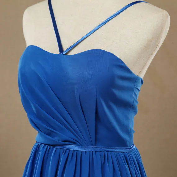 Blue Halter Thin Straps robes de demoiselle d'honneur Longueur de plancher robes de soirée robes de soirée en mousseline de soie avec plis robe de bal Real Images
