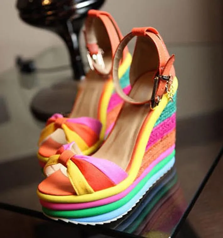 Rainbow Color Woman Sandals Platform Wedge Heel Bohemia Casual Summer Peep Toe Buckle Shoes Woman Big Size