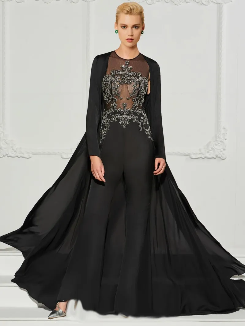 black two piece dress formal Two Piece Black Long Sleeve Formal Dress with Appliques, Long Prom Dre –  kateprom main image 0