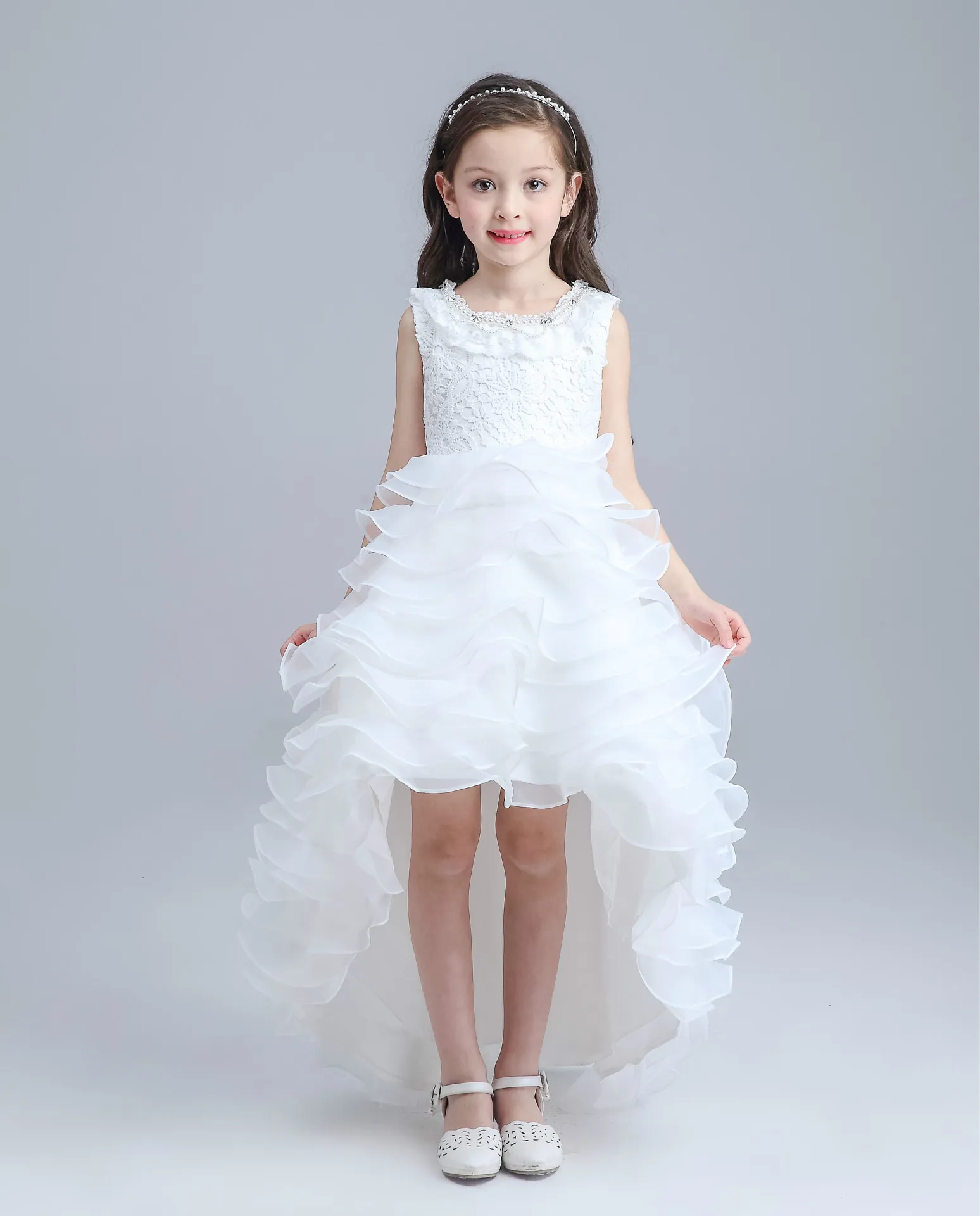 Princess Lace Flower Girl Dress With Beaded High Low Hemline And Long