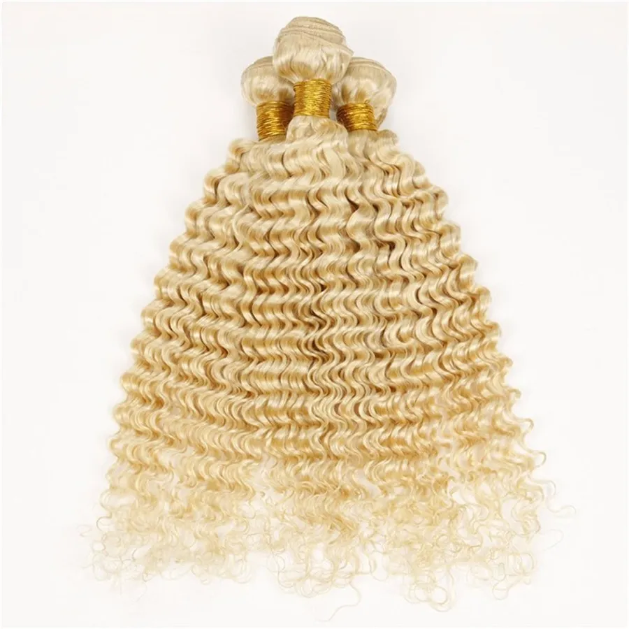 9a Grade Blonde Deep Wave Human Hair Extensions # 613 Platinum Blonde Głębokie Kręcone Brazylijski Dziewiczy Włosy Wefts Lekkie Blondynki Wiązki Włosów