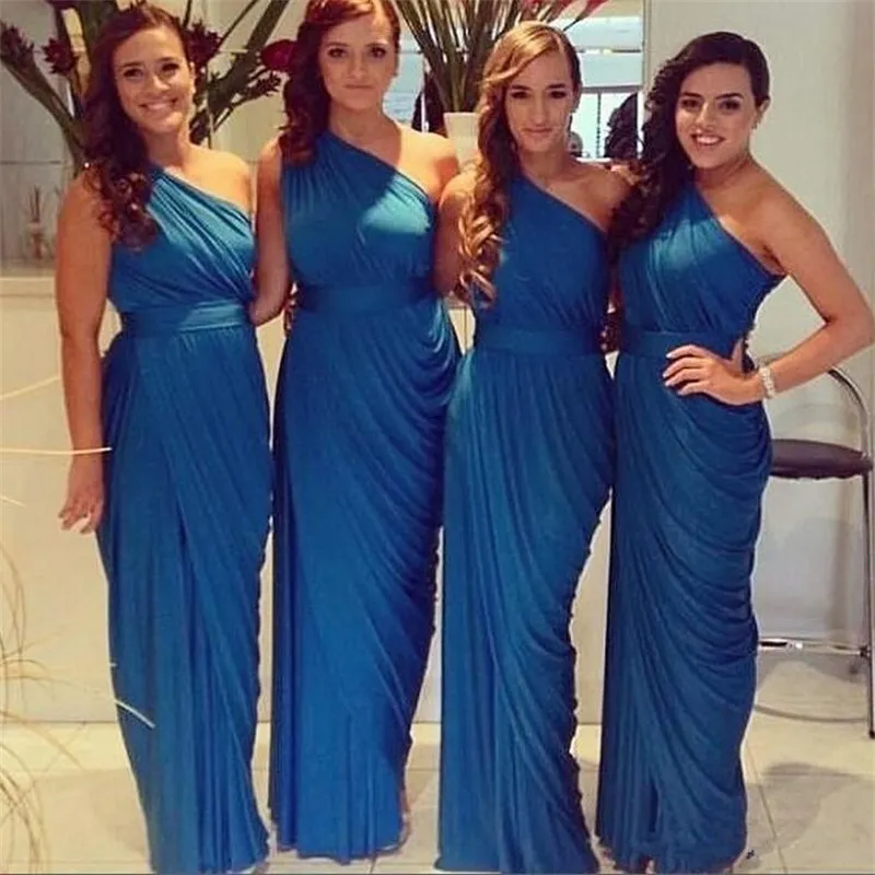 Королевские голубые платья подружки невесты оболочка на одно плечо шифоно -плиссированное длина длина пола скромные платья мариога
