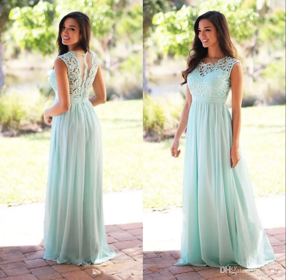 Mint Green Pink Long Bridesmaid Dresses A Line Country Turquoise Bridesmaid Dress Simple Evening Party Gowns Lace Chiffon Prom Dresses