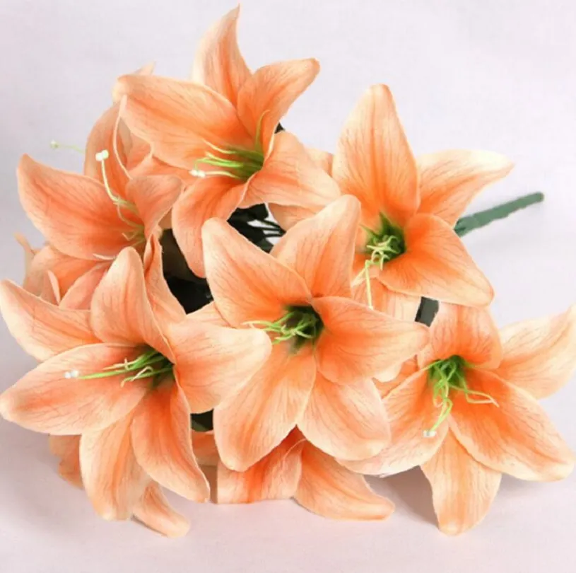 Artificial 10 Head Lily Silk Flower Leaf Stem For Wedding Bridal Bouquet Home Office Decoration6719889