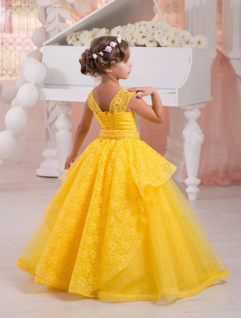 2017 heißes Gelb Rosa Scoop Ballkleid Puffy Prinzessin Kleid Blumenmädchenkleider Mädchen Festzug Kleider Mädchen Geburtstag Formale Party Kleid