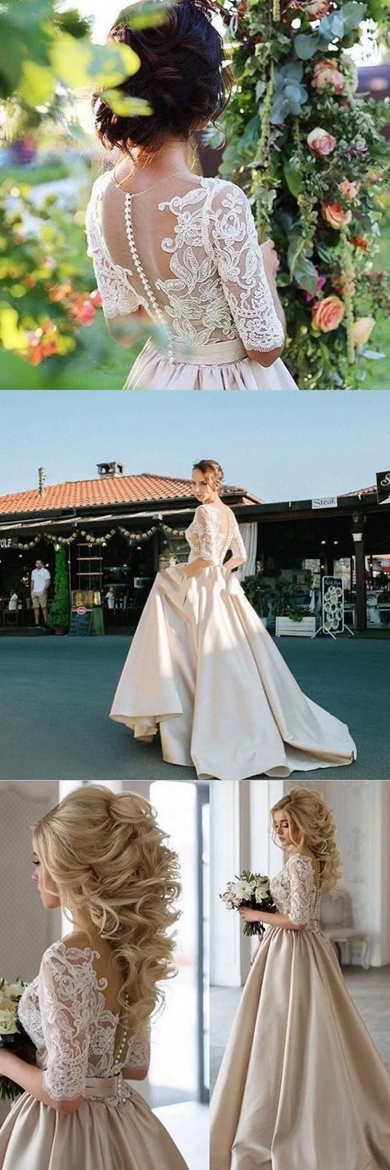 2019 Vintage Champagne Lace Bröllopsklänningar Sheer Neck Half Sleeves Appliques Lace Satin Lång bröllopsklänningar Se igenom Back Bridal Dress