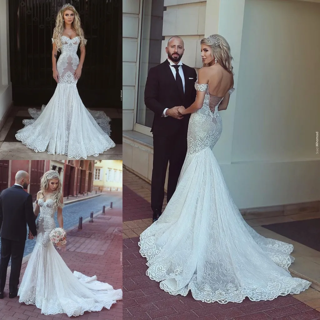 Robe de mariée sirène en dentelle élégante, sexy, épaules dénudées, sans manches, avec lacets, dos ouvert, sur mesure, train de balayage, Br184W