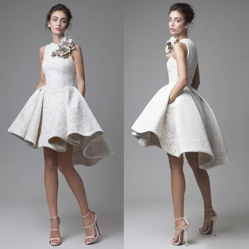 2019 robes de mariée en dentelle Krikor Jabotian Jewel sans manches robes de mariée hautes et basses robes de mariée de plage trapèze courtes avec fleur