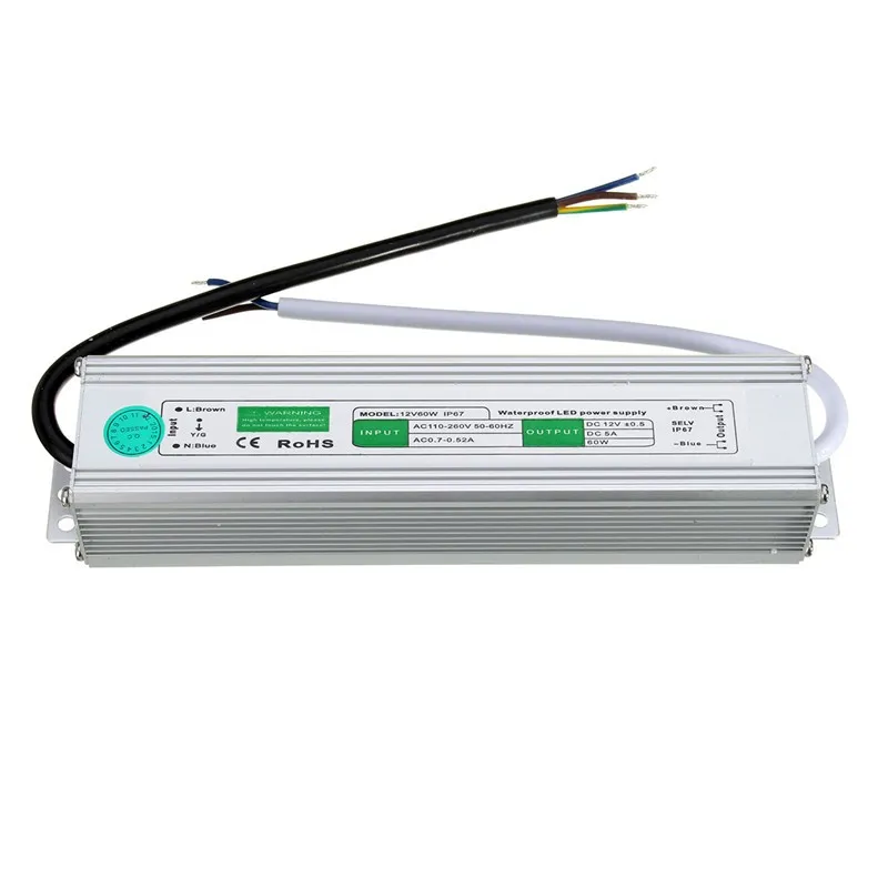 送料無料ハイパワー12V 24V防水電子LEDドライバ電源トランス90V-250V~12V 24V 60W IP67定電圧