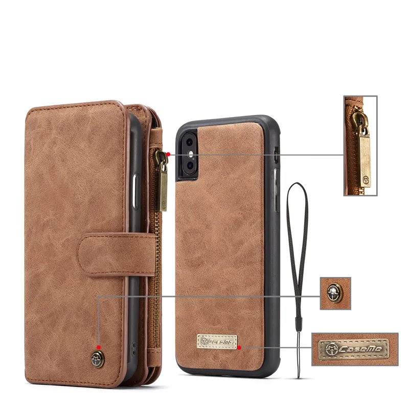 Caseme Wallet Fodral Split Leather Zipper Bag Multi Slot Magnet Skal för iPhone 12 11 Pro XS Max XR 8 7 6 Plus Samsung S21 S20 Ultra Not20