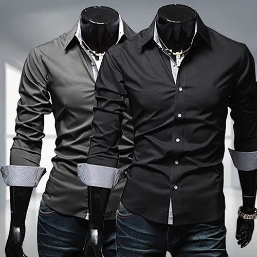 Оптом - мужская стильная стройная подходящая рубашка с длинным рукавом повседневная футболки