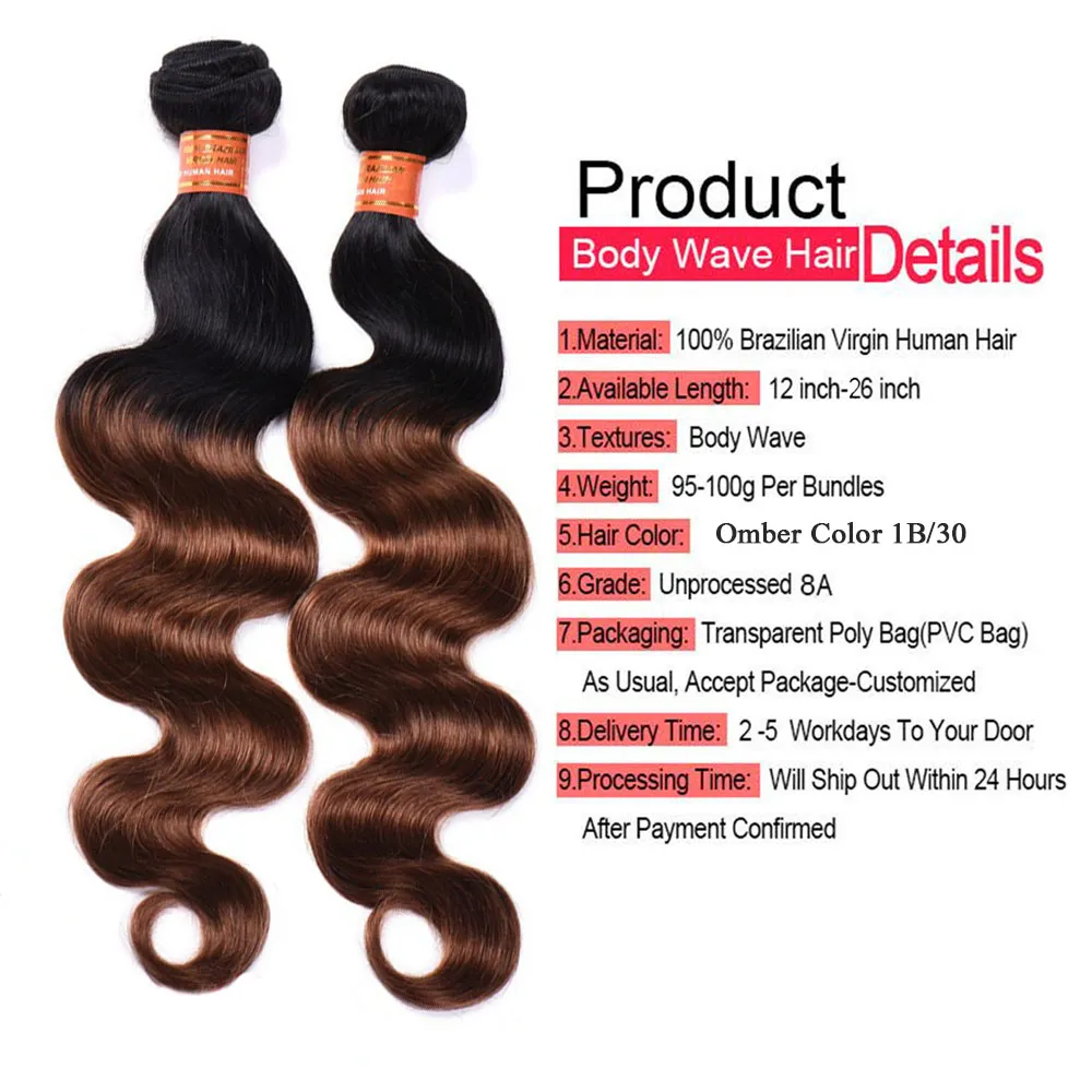 Nouveau Style Brésilien Ombre Vague de Corps Bundles de Cheveux Humains Coloré 1B/30 Brésilien Ombre Auburn Brun Vierge Extensions de Tissage de Cheveux