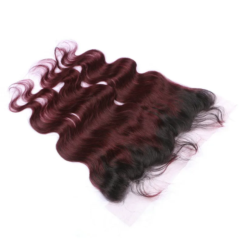 Top Qualité 1B / 99J Vin Rouge Ombre Dentelle Frontale 13x4 Avec Tissages Ondulés Noir et Bourgogne Ombre Péruvienne Vierge Cheveux 3Bundles Avec Frontal