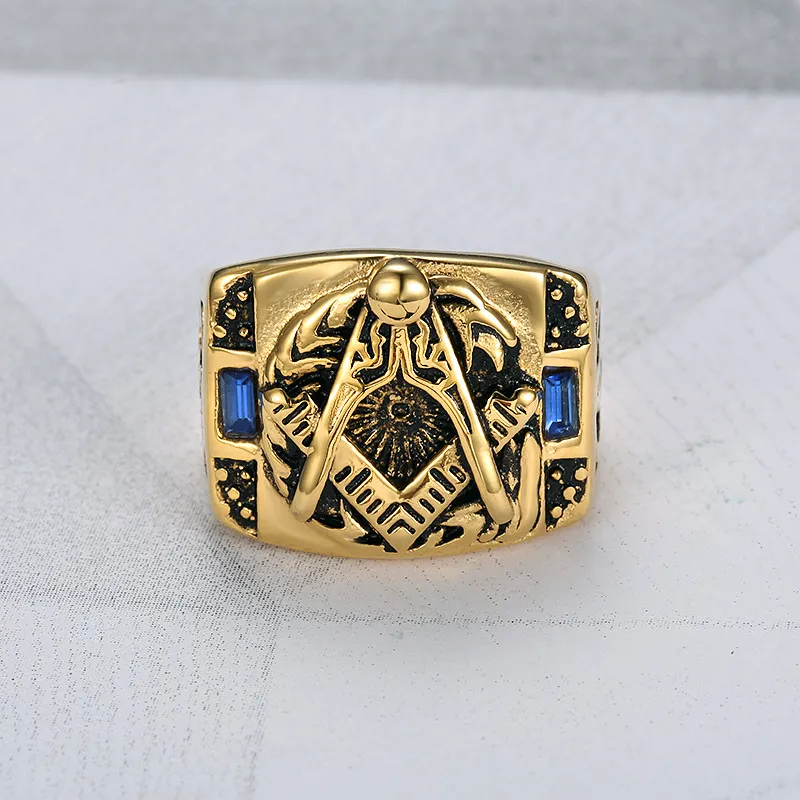 Popüler Mavi Sapphire CZ Freemason Masonic Erkekler Yüzükler 316L Paslanmaz Çelik Ücretsiz Mason Master Signet Pusula Ve Kare Fırtıllık Öğe Yüzük Takı Yüksek Kalite