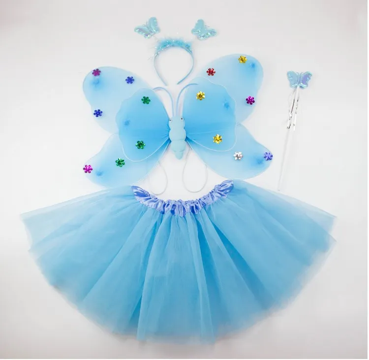 Wholesale-Free shipping,pink green 4pcs in a set princess butterfly wing set costume(wing,headband,fairy wand and tutu /Party accessories