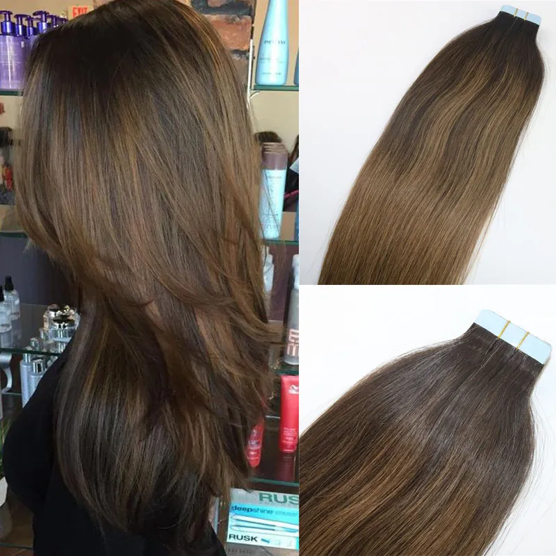 Balayage Renk # 2 # 8 Yüksek Kalite Sıcak Satış Brezilyalı Bakire Remy Saç Düz Dikişsiz İnsan Saç PU Bant Saç Uzatma 100g 40 adet