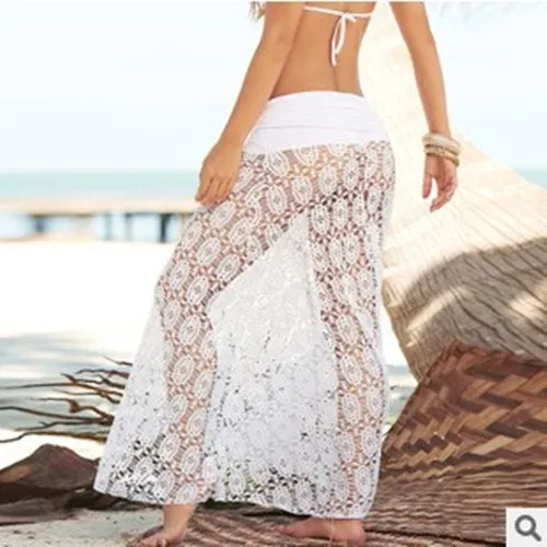 Al por mayor-NUEVO! Moda Blanco Convertible Cover Up Falda, encaje crochet traje de baño playa falda nadar cubrir ropa de playa, vestido de playa de las mujeres