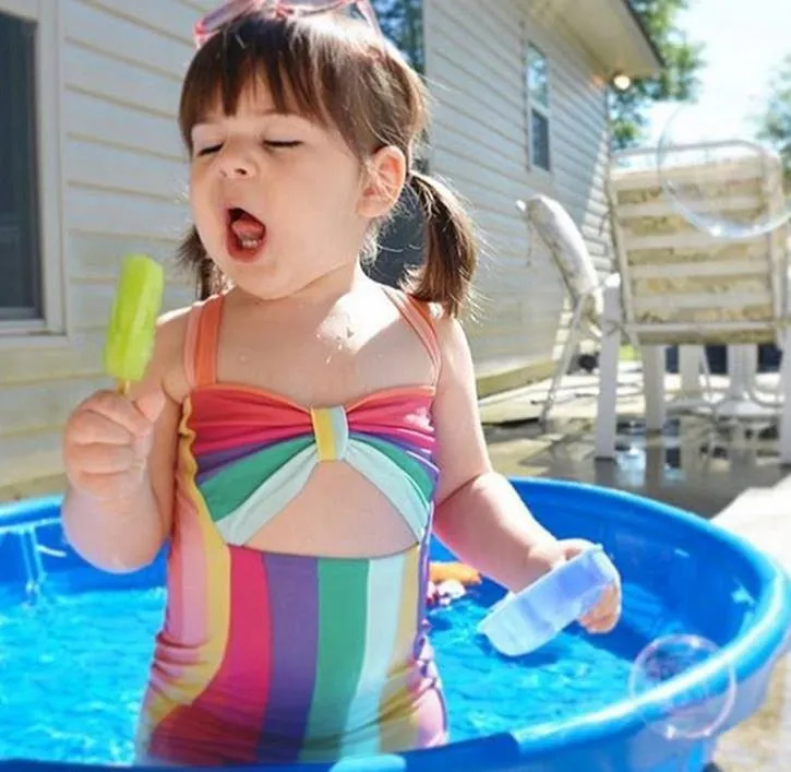New Summer Kids Swimming Costumes Bowknot Colorful Stripe Rompers One piece Swim Suit Girls Swimsuits Cute Childrens Swimwear Baby Swimsuit