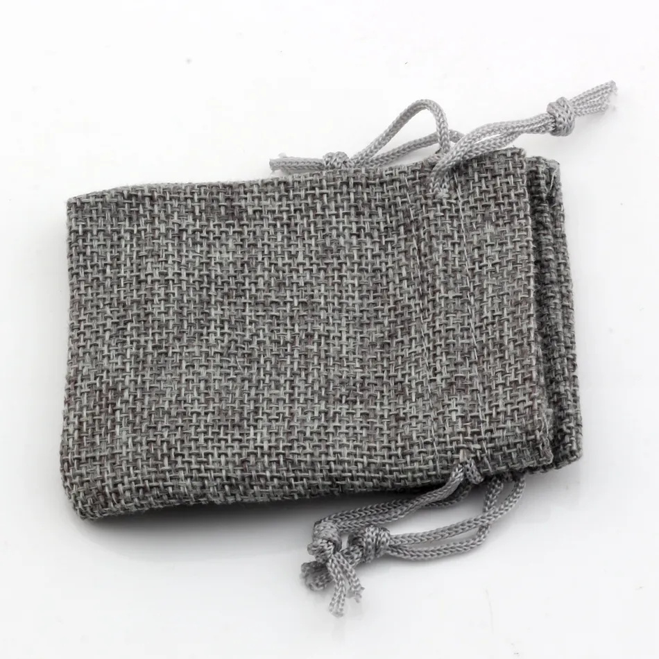 50st Gray Linen Fabric DrawString Påsar godis smycken gåva påsar säckväv gåva jute väskor 7x9cm /10x14cm /13x18cm /15x20cm