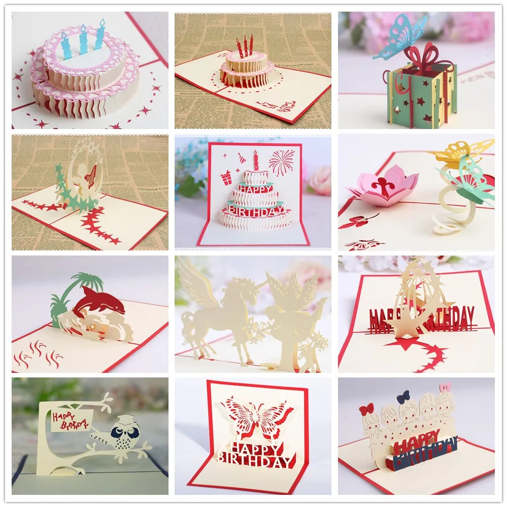 Decorações de festa de aniversário cartões infantis lembrancinhas de festa de aniversário 3D cartões pop-up de aniversário 12 estilos por lote