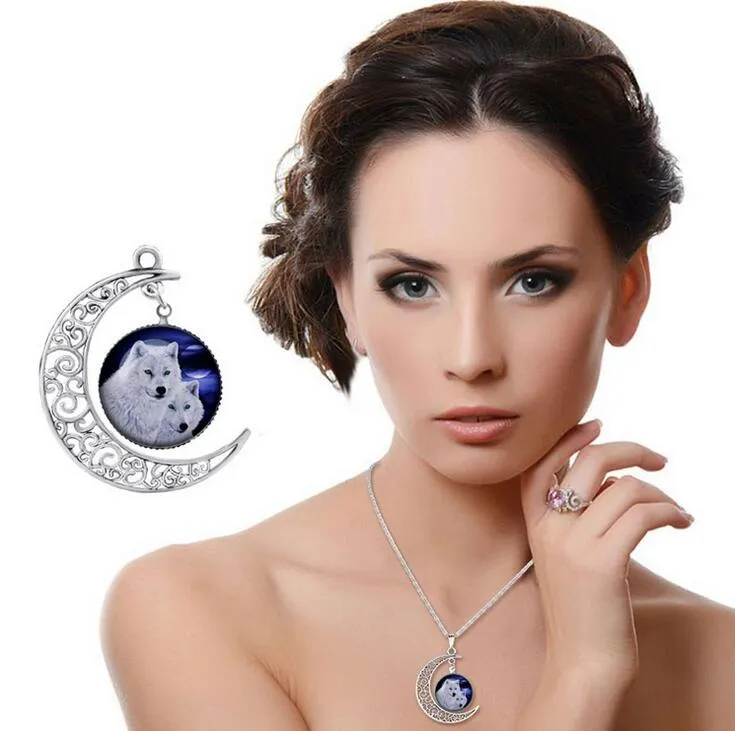 Wolf Pattern Moon Time Gemstone Necklace Pendant WFN178 with chain a 