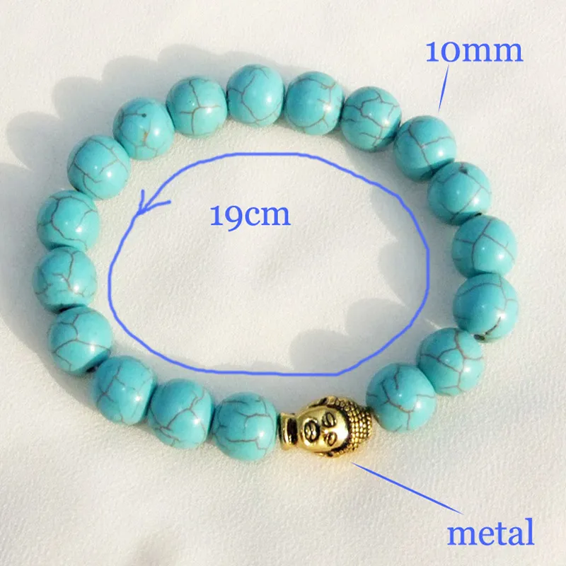 Trendy Gold Prata Buddha Bead Charme Bracelet para Mulheres Homens Elastic Chain Turquesa Pedra Pedra Frisada Braceletes Bangle Unisex Vintage Jóias