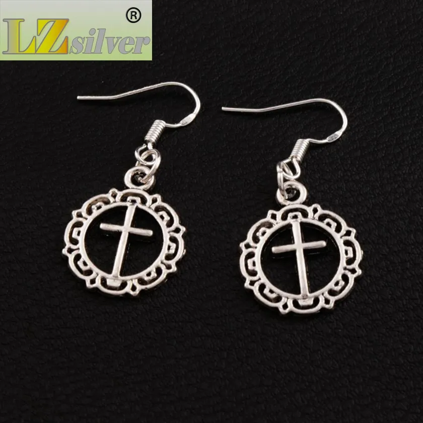 Flower Circle Cross Dangle Chandelier Earrings 925 Silver Fish Ear Hook E495 16.4x37.1mm 